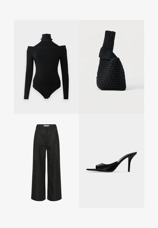 Bodysuit noir à manches longues avec décolleté à épaules dénudées et col roulé haut, comportant des fermetures à pression à l'entrejambe.; Pantalon noir à jambes larges avec une coupe ajustée, doté d'une taille haute, de plis à l'avant et d'une texture de tissu lisse. Convient pour une tenue formelle.; Mule à talon haut en cuir noir à bout ouvert avec un talon stiletto fin, vue de profil sur un fond uni.; Sac à main noir tissé avec un design asymétrique, présentant une surface texturée et une poignée haute et étroite. Aucune ferrure ou accent visible.