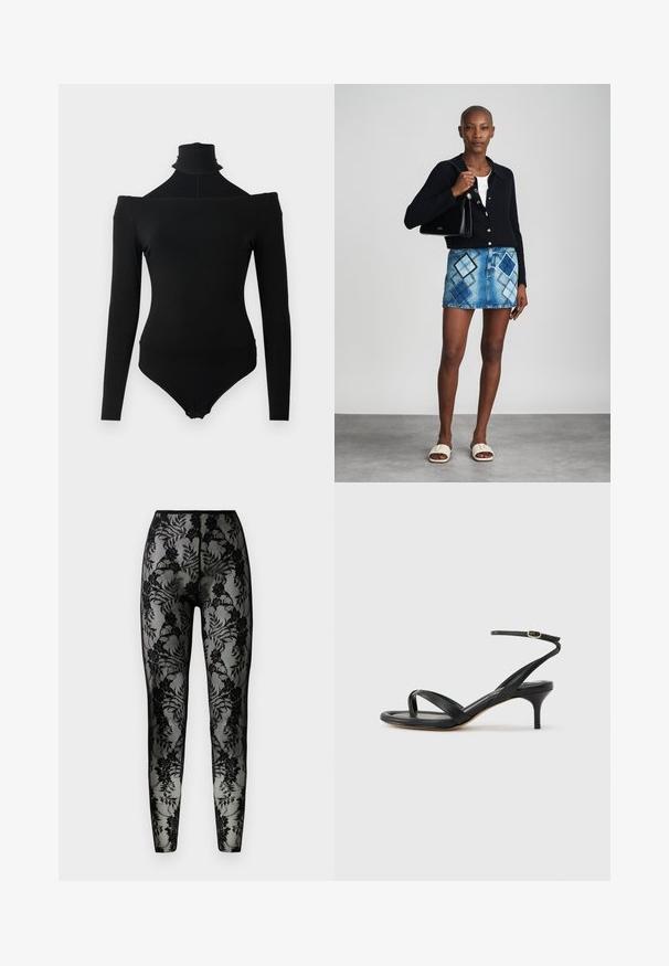 Bodysuit noir à manches longues avec décolleté à épaules dénudées et col roulé haut, comportant des fermetures à pression à l'entrejambe.; Leggings en dentelle noire avec un motif floral, en tissu transparent, et une coupe ajustée, dotés d'une taille lisse et d'ourlets fermés.; Sandale pour femme en cuir noir avec fines lanières, une boucle d'orteil, une boucle à la cheville et un talon aiguille de hauteur moyenne sur un fond neutre.; Un cardigan en maille noir, un haut blanc, une jupe en denim avec un motif de diamants bleus et noirs, un sac à main noir et des sandales à enfiler beiges.