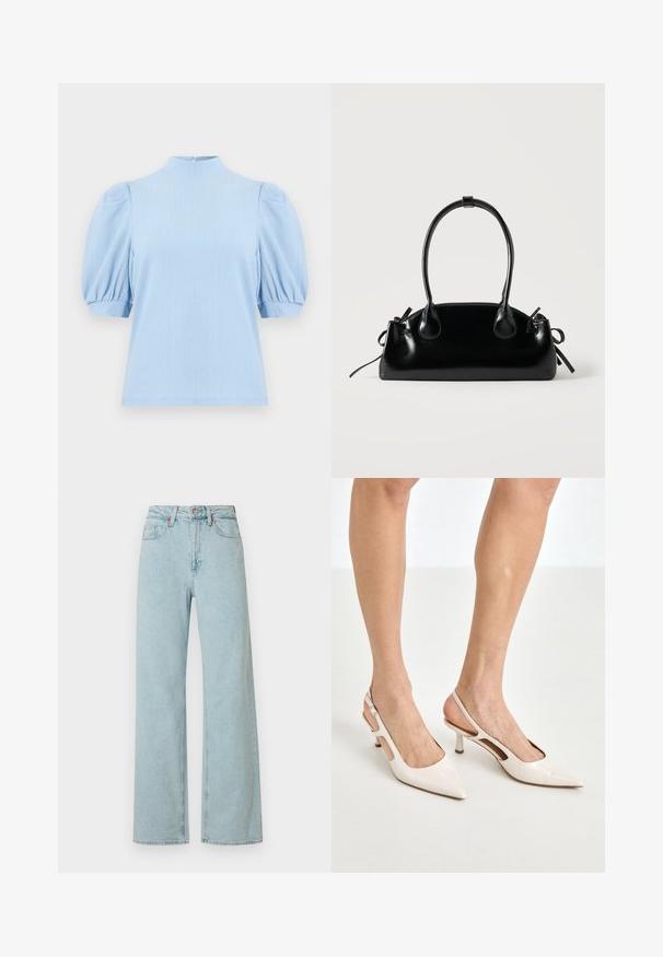 Lyseblå kortærmet bluse med tekstur, puffede ærmer, høj halsudskæring og knaplukning bag på kraven.; Lysblå denimjeans med høj talje, vide ben, knaplukning og lynlås foran, bæltestropper og fem-lommers design.; Beige patenterede læder slingback hæle med spids tå og 5 cm hæl, med udskårne sider og en tynd ankelrem.; Lille sort blank håndtaske med to lange håndtag og snøre-detaljer i siden på en ensfarvet lys baggrund.