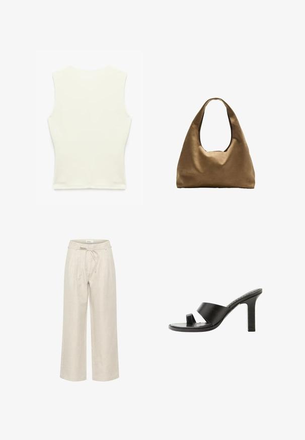 Ærmeløs, off-white tætsiddende top med rund halsudskæring, vist fladt med bagsiden og midtersømme synlige.; Beige linned brede bukser med elastisk talje og frontfolder, i en glat tekstur og ankellængde.; Sort højhælet sandal med bred rem over foden og en tåloop, vist fra siden på en hvid baggrund.; Brun stof skuldertaske med en bred, rundet krop og et stort udsnit håndtag. Blød tekstur, minimalistisk design og ingen synlig hardware.