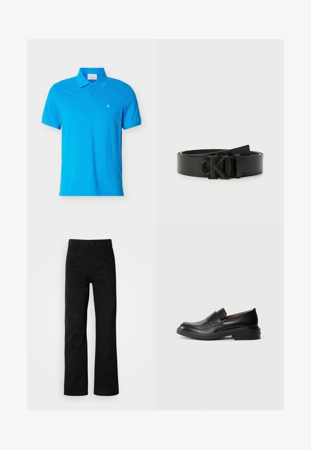 Blauw polohemd met korte mouwen, kraag en knoopsluiting met twee knopen, klein wit "cK" logo op de linkerborst.; Zwarte katoenen broek met een recht design, voorzien van een knoopsluiting en riemlussen. Gladde textuur en minimalistische stijl zonder zichtbare patronen.; Zwarte leren instap schoenen met een lage hak en subtiel Calvin Klein-logo aan de zijkant, weergegeven in profiel op een witte achtergrond.; Zwarte leren riem met een gladde afwerking, ronde gesp met het reliëf 'CK' logo en verstelbare lengte. Eenvoudig en klassiek ontwerp.