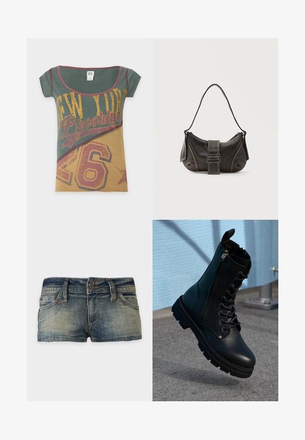 Kortærmet T-shirt med rund halsudskæring i grønne og brune farveblokke, med trykt tekst "New York Brooklyn" og stort nummer 26 i gule og røde nuancer.; Falmede blå denimshorts med synlige syninger, bæltestropper, forlommer og dobbelt knaplukning, vist på en enkel baggrund.; Sorte læder ankel støvler med snørebånd, sidelås, tekstureret overflade og en robust sål med fremtrædende slidbaner.; Sort læder skuldertaske med spænde på remmen, afrundede kanter og kontrasterende hvide syninger på en ensfarvet baggrund.