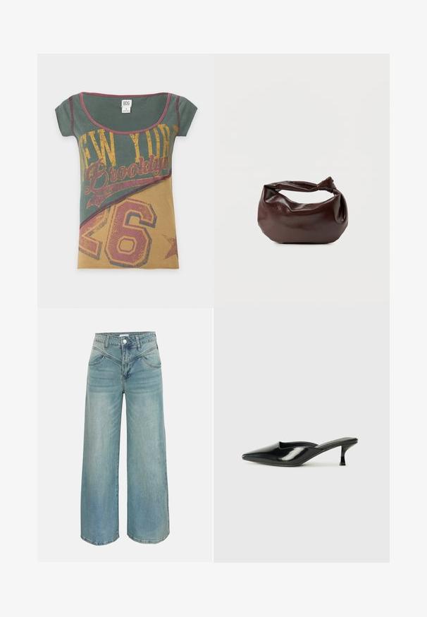 Kortærmet T-shirt med rund halsudskæring i grønne og brune farveblokke, med trykt tekst "New York Brooklyn" og stort nummer 26 i gule og røde nuancer.; Lyseblå vidde bukser i denim med høj talje, for-lynlås og knaplukning samt forlommer, vist på ensfarvet baggrund.; Sorte patenterede lædermules med spids tå, lav kittenheel og buede sider, der har en glansfuld finish og minimalistisk design.; Mørkebrun læder skuldertaske med en blød, afslappet form og et snoet knudehåndtag på en ensartet hvid baggrund.