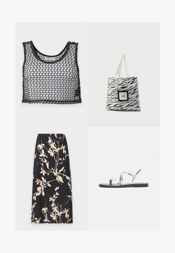 Zwarte mouwloze crop top met brede mesh-netstructuur en gegolfde randen, plat neergelegd met de voorkant en binnenlabels zichtbaar.; Zwarte midi-rok met beige bloemen- en bladpatronen, gladde textuur en een aansluitende tailleband.; Zilveren sandaaltjes met straps en een platte zwarte zool, voorzien van dunne metallic banden en een verstelbare enkelgesp. Gelijke en gladde textuur.; Canvas draagtas met een zwart-wit zebrapatroon, voorzien van een vierkante logopatch en twee stoffen handvatten.