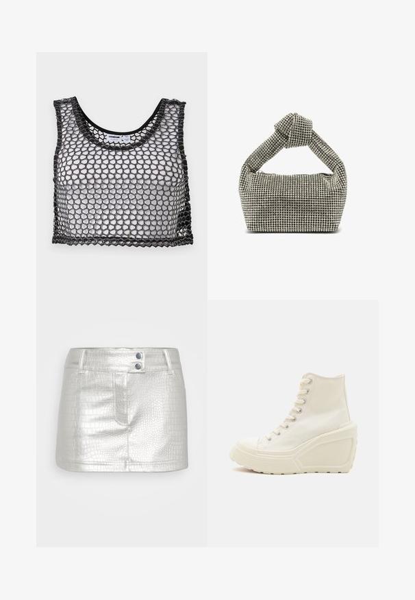 Sort ærmeløs crop top med bredt netstof og bølget kant, lagt fladt ud, der viser for- og indvendige etiketdetaljer.; Sølvfarvet, kunstlæder nederdel med et tekstureret krokodillemønster, der har to blå knapdetaljer og en tætsiddende pasform.; Hvide kanvas høje sneakers med kile sål, der har metaløjer, rund tå og en tekstureret gummisål.; Sølvprydet håndtaske med en knyttet toppløkke, rektangulær form, dækket af små, runde rhinsten, glat tekstur.