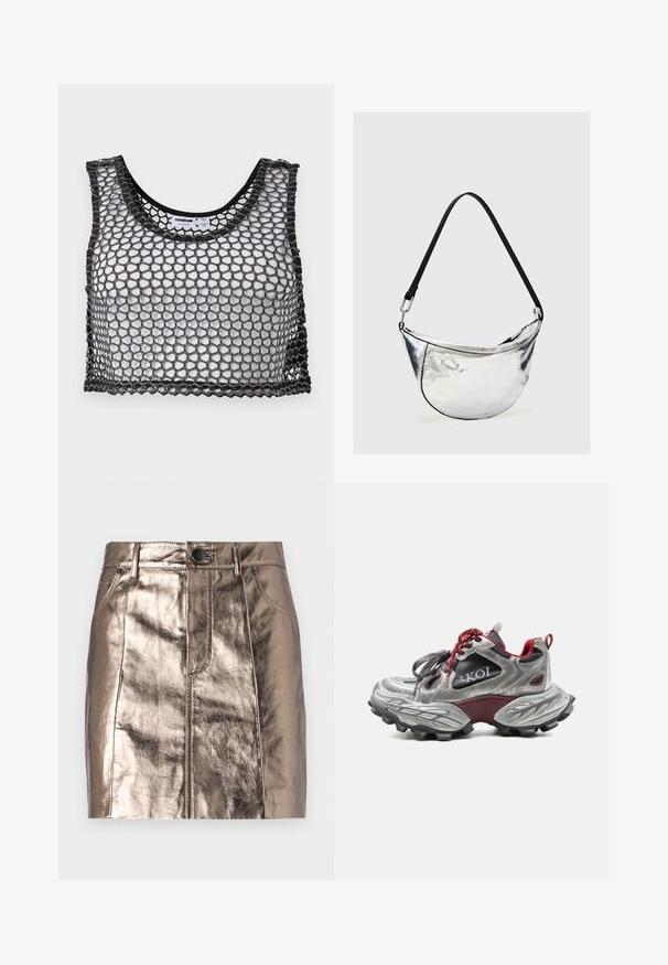Sort ærmeløs crop top med bredt netstof og bølget kant, lagt fladt ud, der viser for- og indvendige etiketdetaljer.; Metallic bronze denim minibukser med lige skæring, forlommer og taljebånd med knaplukning. Glat og blank tekstur.; Sølv og vinrød sneaker med chunky tekstureret sål, røde snørebånd, sorte mesh-paneler og "KOI" branding på siden.; Sølvfarvet metallisk skuldertaske i halvmåneform med sort justerbar rem og lynlås lukning på ensartet lys baggrund.