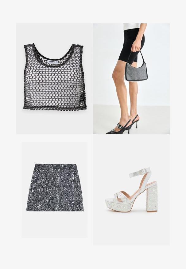 Zwarte mouwloze crop top met brede mesh-netstructuur en gegolfde randen, plat neergelegd met de voorkant en binnenlabels zichtbaar.; Zilveren pailletten mini rok met een textuurpatroon en een rechte snit. De stof lijkt glanzend en reflecterend.; Witte plateausandalen met een metallic afwerking, voorzien van twee gekruiste banden, een enkelband en een blokhak versierd met fonkelende edelstenen.; Zwarte beaded handtas met een gebogen silhouet, draaghandvat en glanzende textuur. Draagt bij hoge zwarte hakken en strakke zwarte shorts.