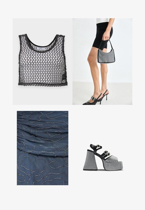 Haut court noir sans manches avec large maille en filet et bords festonnés, posé à plat montrant l'avant et les détails de l'étiquette intérieure.; Tissu bleu à texture plissée décoré de lignes perlées argentées irrégulières créant des motifs abstraits en boucles sur la surface.; Sandale à plateforme noire et argentée avec trois brides ornées de boucles en strass et un talon large et texturé.; Sac à main à perles noires avec une silhouette courbée, une poignée de transport et une texture brillante. Porté avec des chaussures à talons hauts noires et un short noir ajusté.