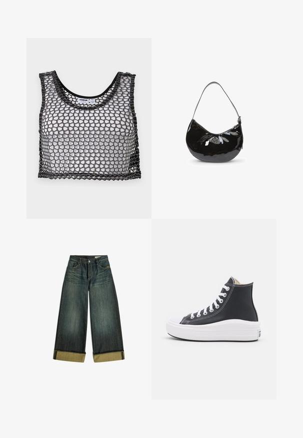 Zwarte mouwloze crop top met brede mesh-netstructuur en gegolfde randen, plat neergelegd met de voorkant en binnenlabels zichtbaar.; Donkergewassen wijde jeans met omgeslagen boorden en zichtbare stiksels op zakken en tailleband.; Zwarte high-top sneaker met witte veters en rubberen zool. Heeft een gladde leren textuur en witte stiksels.; Zwarte gepatineerde leren handtas met een gebogen vorm, enkele schouderriem, ritssluiting en een decoratieve metalen logo. Gladde textuur.