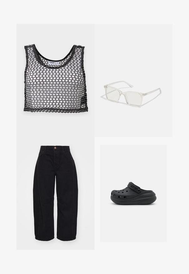 Zwarte mouwloze crop top met brede mesh-netstructuur en gegolfde randen, plat neergelegd met de voorkant en binnenlabels zichtbaar.; Free People GOOD LUCK MID RISE BARREL - Relaxed fit jeans - soundwave; Zwarte rubberen klomp met ventilatiegaten, verhoogde hak en verstelbare band. Gladde textuur en afgeronde vorm.; Heldere plastic vierkante monturen met doorzichtige glazen, gekenmerkt door gouden accenten op de slapen voor extra detail.