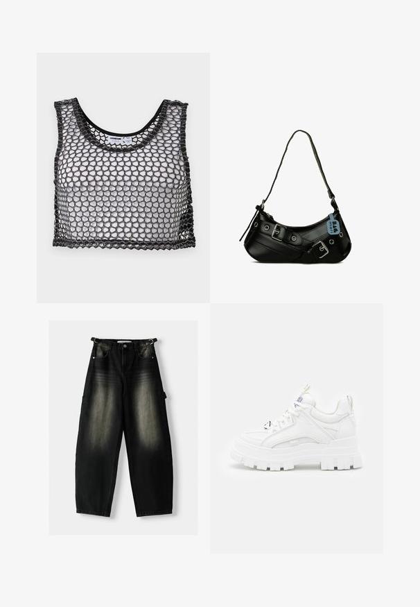 Čierny crop top bez rukávov s širokou sieťovinou a vlnitými okrajmi, položený naplocho, zobrazuje prednú časť a vnútorné etikety.; Voľné čierne deninové nohavice s vyblednutou textúrou, piatimi vreckami a poutkom na páse. Dizajn sa vyznačuje voľným strihom a rovnými nohavicami.; Biele robustné tenisky s textúrovaným zvrškom, polstrovaným golierom a hrubou, ryhovanou podrážkou. Obsahuje kontrastné čierne šnúrky a detaily s logom.; Čierna syntetická kabelka s zakriveným tvarom, nastaviteľným popruhom a dekoratívnymi kovovými prackami. Má hladký lesklý povrch.