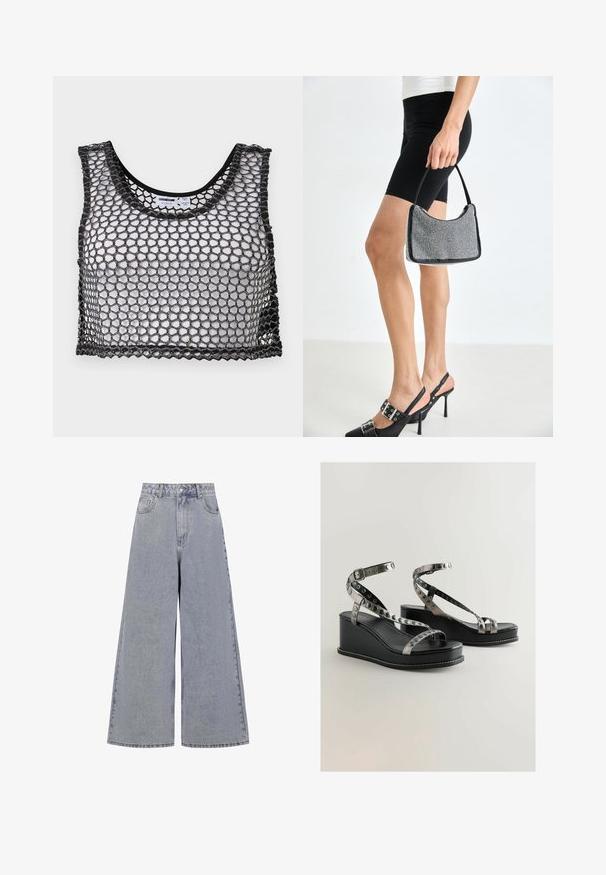 Top corto negro sin mangas con amplia malla de red y bordes en forma de ondas, colocado plano mostrando el frente y los detalles de la etiqueta interior.; Pantalones vaqueros de pierna ancha en azul claro, hechos de mezclilla, con una cintura alta, cuatro bolsillos y un cierre clásico de botón con un ligero desvanecimiento.; Sandalias de cuña negras con acentos metálicos y recortes circulares. Acabado de cuero liso con un detalle de costura blanca.; Bolso de cuentas negras con una silueta curva, asa de transporte y textura brillante. Llevado con zapatos de tacón altos negros y pantalones cortos negros ajustados.