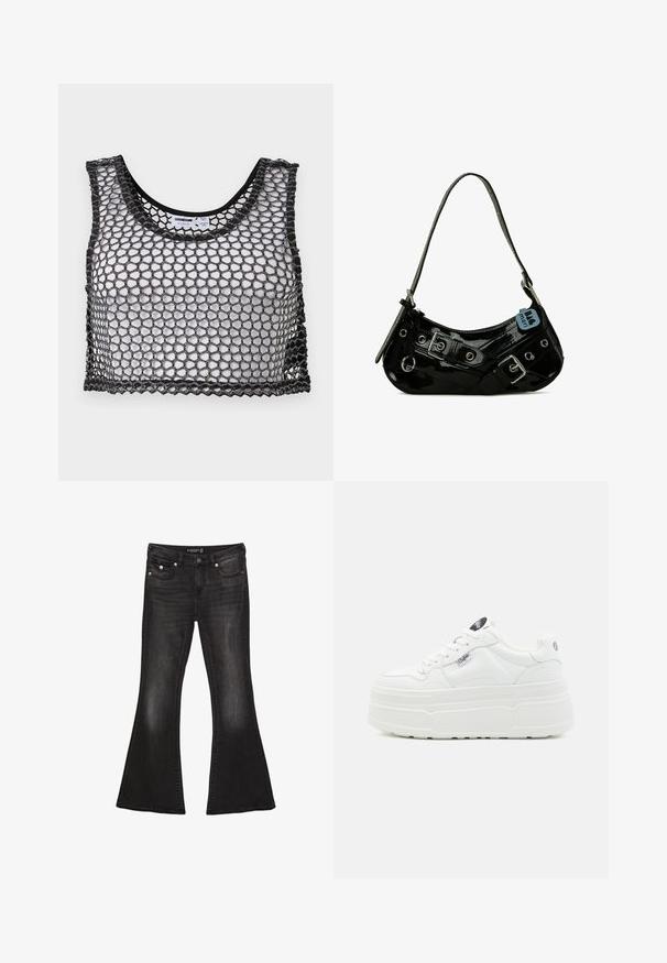 Sort ærmeløs crop top med bredt netstof og bølget kant, lagt fladt ud, der viser for- og indvendige etiketdetaljer.; Sorte denim flare jeans med mid-waist, der har fem lommer, kontrasterende syninger og hardware i sølvfarve.; Hvide platform sneakers med en glat syntetisk overflade, rund tå, polstret krave og tekstureret sål. Har et kontrasterende logo-tag.; Sort lakeret skuldertaske med en buet form, udsmykket med sølvhardware, dekorative spænder og en kort rem. Blå mærkat vedhæftet.