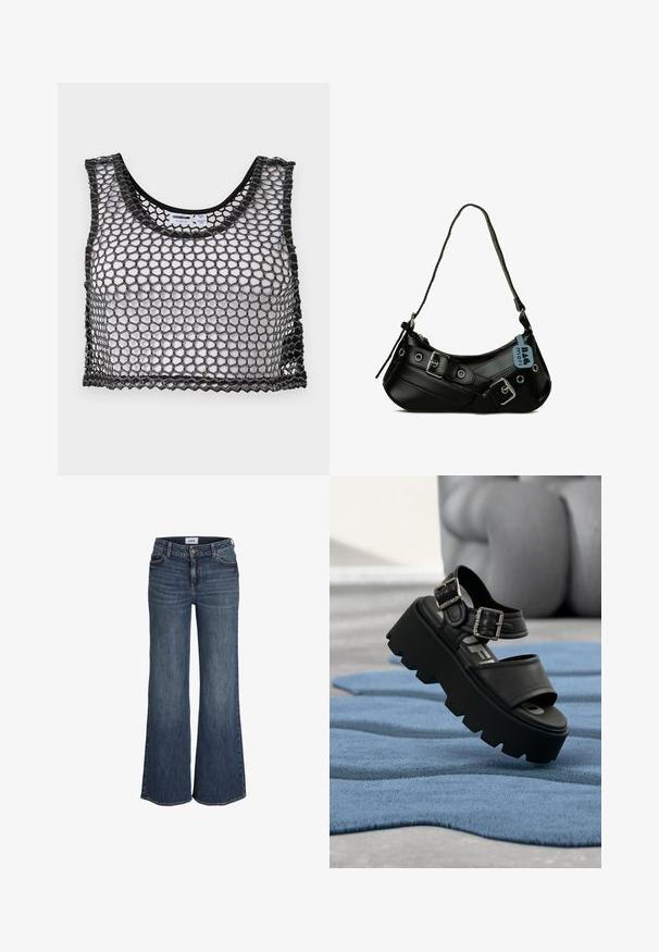 Zwarte mouwloze crop top met brede mesh-netstructuur en gegolfde randen, plat neergelegd met de voorkant en binnenlabels zichtbaar.; Donkerblauwe jeans met wijde pijpen, voorzakken, riemlussen, knoop- en ritssluiting, afgebeeld op een witte achtergrond.; Zwarte chunky platform sandaal met twee zilveren gespen op een blauw gestructureerd tapijt, op de achtergrond een wazige grijze sculptuur.; Zwarte synthetische handtas met een gebogen vorm, verstelbare schouderriem en decoratieve metalen gespen. Heeft een gladde, glanzende textuur.