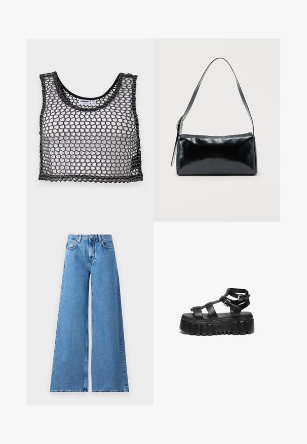 Schwarzes ärmelloses Crop-Top mit weitem Netzgewebe und gezackten Kanten, flach ausgebreitet mit Blick auf die Vorderseite und die inneren Etikett-Details.; Weite, blaue Jeans mit hohem Bund, ausgestattet mit einem klassischen Fünf-Taschen-Design und Nähten an den Seiten für zusätzliche Details.; Schwarze Plateausandalen verfügen über geschichtete Riemen und Schnallenakzente, mit einer klobigen, strukturierten Sohle und einem glatten Fußbett-Design.; Schwarze rechteckige Schultertasche mit einem verstellbaren Riemen und einem oberen Reißverschluss vor einfachem Hintergrund.