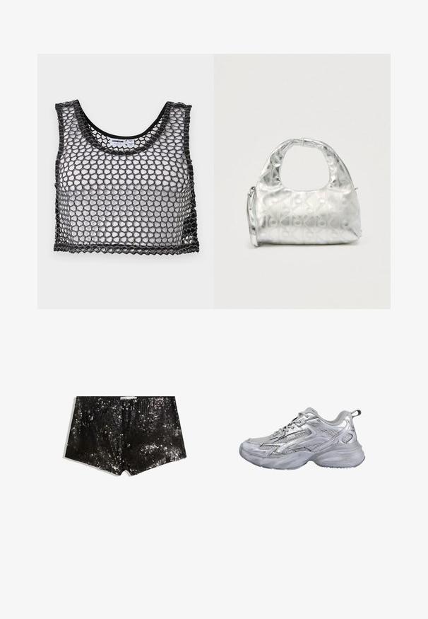 Zwarte mouwloze crop top met brede mesh-netstructuur en gegolfde randen, plat neergelegd met de voorkant en binnenlabels zichtbaar.; Zwarte pailletten shorts met een aansluitend ontwerp. Heeft glinsterende pailletten, een soepele textuur en een tailleband voor een beveiligde pasvorm.; Zilveren en grijze mesh sportschoen met dikke gevoerde zool en vetersluiting, getoond vanaf de buitenkant op een witte achtergrond.; Zilveren handtas met een gestructureerd patroon van geometrische vormen en cirkels, voorzien van een afgeronde handgreep en een afneembare riem.