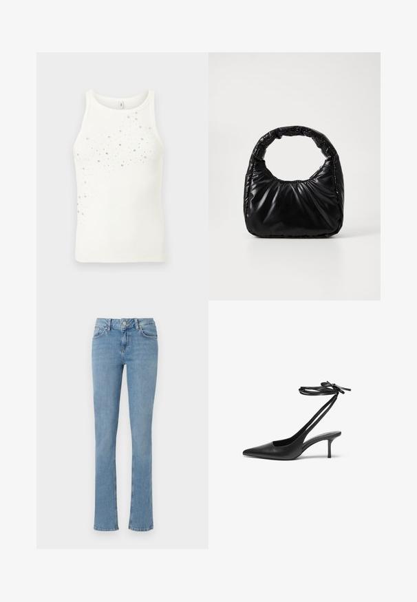 Hvid ærmeløs ribbet tanktop med rund halsudskæring, pyntet med spredte små sølvnitter på frontens øverste venstre side.; Lyseblå denimbukser med vid ben, som har et standard fem-lomme design, knaplukning og synlige syninger.; Sorte læder stiletto sko med spids tå, åben bag, og ankelstropper bundet i en sløjfe. Slank 3-tommers hæl. Glat overflade, minimalistisk design.; Sort polstret håndtaske med et rundt håndtag, der har en glat, skinnende overflade og en blød, kviltet tekstur. Ingen synlige hardware eller accenter.