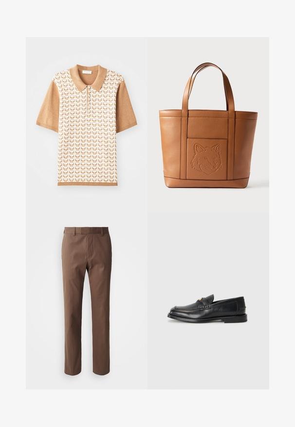 Polo de manga corta con un patrón texturizado beige, cuello y puños en marrón claro, con tres botones y diseños geométricos.; Pantalones marrones con un corte ajustado, frente plano y dos bolsillos laterales. Están hechos de una tela suave con un acabado limpio y sin patrones visibles.; Mocasines de cuero negro con punta redonda, detalles de costura y un pequeño acento dorado en la parte frontal. La suela es plana y discreta.; Bolso tote de cuero marrón con cara de zorro en relieve, forma rectangular, dos asas planas y detalles de costura sutiles.