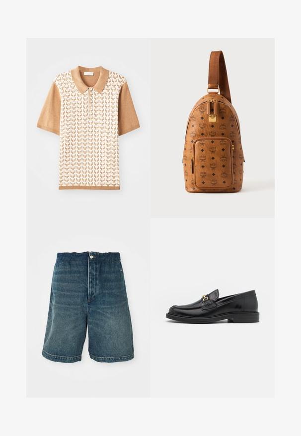 Polo de manga corta con un patrón texturizado beige, cuello y puños en marrón claro, con tres botones y diseños geométricos.; Pantalones cortos de mezclilla en azul oscuro con un ajuste holgado, que cuentan con un cierre de botón y costuras visibles a lo largo del dobladillo y los bolsillos.; Mocasines de cuero negro con punta redondeada, que cuentan con un detalle de herrajes dorados y costuras, situados sobre una suela de goma texturizada y baja.; Mochila bandolera de cuero marrón con patrón de diamante negro y logo MCM, bolsillo delantero con cremallera, cremallera dorada y correa ajustable.