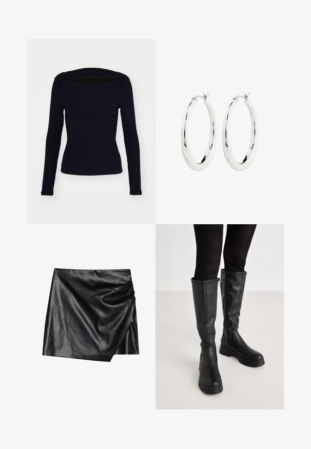 Marineblaues langärmliges Rippoberteil mit quadratischem Ausschnitt, figurbetontem Design und strukturiertem Stoff. Es zeichnet sich durch einen klaren, minimalistischen Stil aus.; Schwarzer Leder-Minikilt mit Wickeldesign, ausgestattet mit einer weichen, glatten Textur und dezenten Drapierungselementen auf einer Seite.; Even&Odd by Zalando Plateaustiefel - black; Silberne Creolen mit einer glatten, glänzenden Oberfläche. Kreisform, ausgestattet mit einem sicheren Verschluss. Einfaches und elegantes Design.