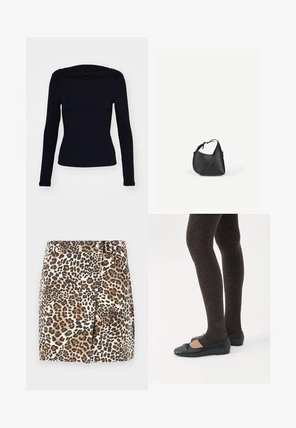 Haut en jersey à manches longues bleu marine avec un décolleté carré, design ajusté et tissu texturé. Présente un style épuré et minimaliste.; JDY JDYRAY Short - Minijupe - pumice stone; Jambes portant des leggings côtelés foncés associés à des ballerines noires avec de petits détails en nœud sur fond blanc.; Sac à bandoulière en cuir noir avec une forme triangulaire arrondie et une sangle réglable sur un fond clair uni.