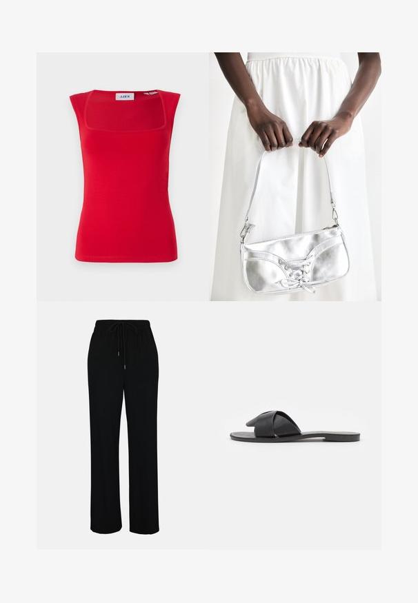 Top sin mangas rojo con escote cuadrado, hecho de una tela suave, con un diseño ajustado y textura lisa, etiquetado con 'JJXX'.; Pantalones negros de pierna ancha con cintura elástica y cordón, hechos de tela ligera, mostrados sobre un fondo liso y claro.; Sandalia negra sin hebillas con tiras cruzadas. Fabricada en cuero suave con una suela plana y costuras mínimas. Diseño simple de punta abierta.; Bolso metálico plateado con detalle de cordones, que presenta un diseño elegante y una correa corta. El bolso está sostenido con las manos, mostrando su textura.