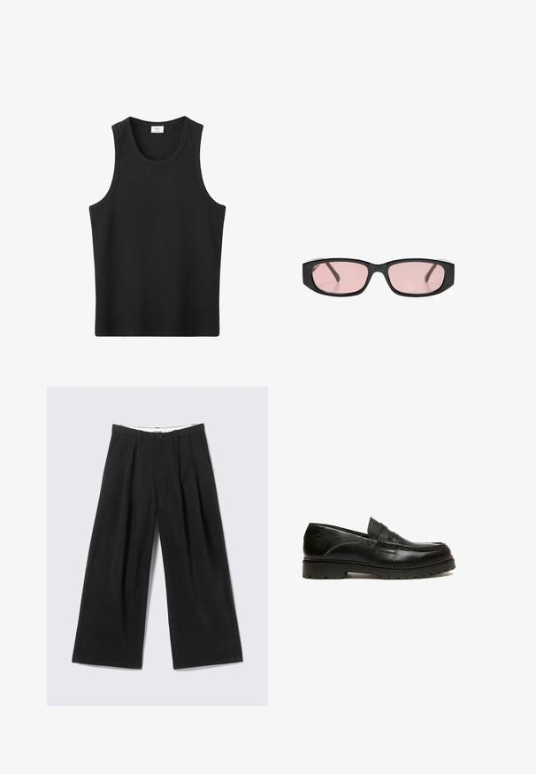 Débardeur noir côtelé sans manches avec un col rond, conçu pour un usage décontracté.; Pantalon noir à jambes larges avec plis, passants pour ceinture et fermeture par bouton, présenté sur un fond gris clair.; Mocassin en cuir noir avec un design cousu, profil bas et semelle en caoutchouc texturé. Présente une large bande sur le devant et une finition lisse.; Lunettes de soleil rectangulaires noires avec des verres étroits teintés de rose reposant sur une surface blanche.