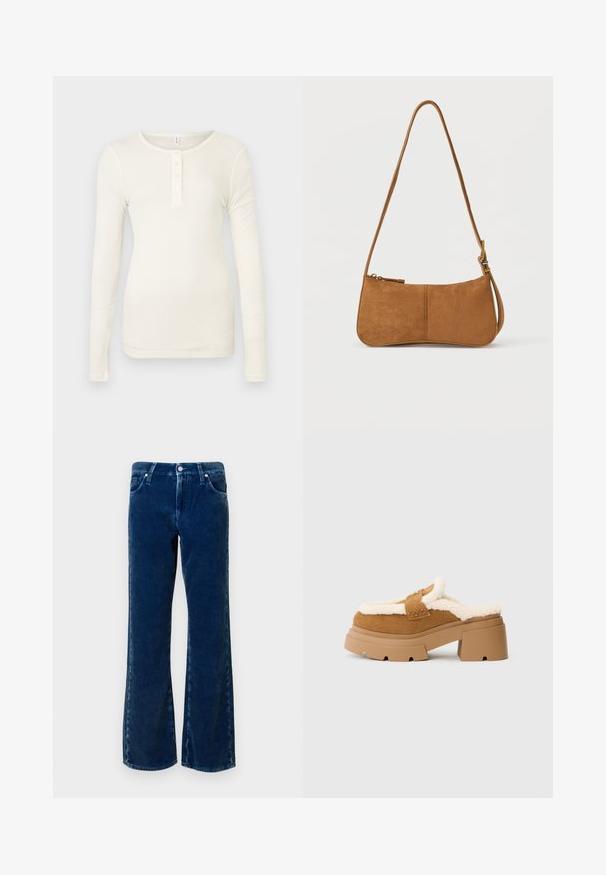 Chemise henley à manches longues de couleur crème en tissu côtelé, avec un col rond et une patte de boutonnage à quatre boutons.; Jean en velours côtelé bleu foncé évasés avec une texture rayée verticale, poches avant et fermeture à bouton à la taille. Design classique à cinq poches.; Chaussures à enfiler en daim marron avec une doublure crémeuse et duveteuse, semelle plateforme épaisse et talon carré. Présentent une sangle cousue sur le haut.; Sac à bandoulière en daim marron avec une forme incurvée, une bandoulière réglable, une fermeture éclair et une quincaillerie minimale. Texture lisse avec un design simple.