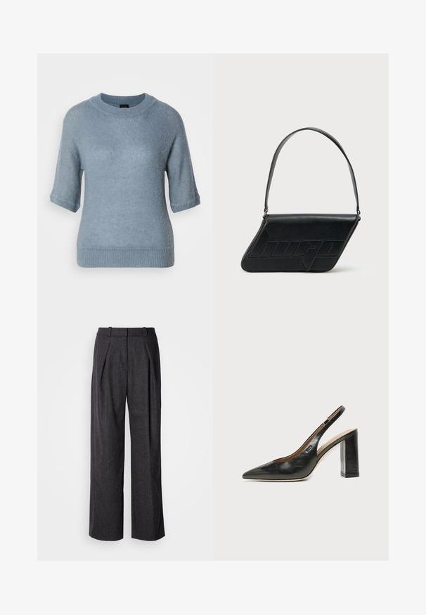 Hellblauer Pullover aus weichem Strickmaterial, mit kurzen Ärmeln, rundem Hals, gerippten Bündchen und einem leicht lockeren Schnitt.; Dunkelgraue weite Hosen aus strukturiertem Stoff, mit vorderen Falten und einem klassischen Taillendesign. Keine sichtbaren Taschen.; Schwarzer Leder-Slingback-Schuh mit spitzer Kappe, hohem Blockabsatz und beigegefüttertem Innenraum vor hellem, einfarbigem Hintergrund.; Schwarze Leder-Umhängetasche mit dreieckiger Form, geprägt mit Logo und einem einzigen verstellbaren Riemen. Minimalistisches Design mit glatter Textur.
