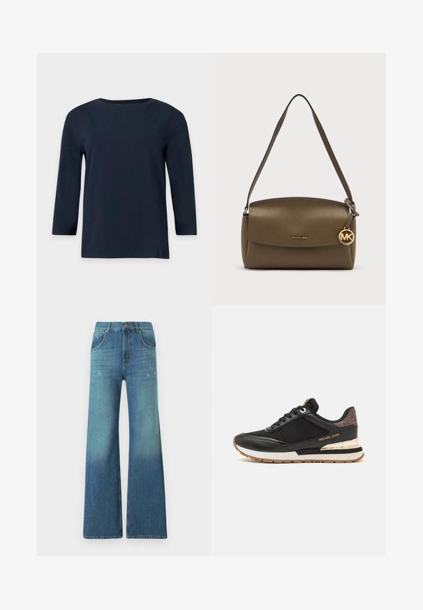 Mørkeblå langærmet skjorte med rund halsudskæring og lige kant, vist på en ensartet lysegrå baggrund.; Bredde bukser i blå denim med en lysvask gradient, med fem-lomme design, lynlås i taljen og detaljer med messingknap ved taljen.; Sort sneaker med overdel i læder og stof, snørebåndsdesign, guldfarvede detaljer og en tyk, struktureret sål i hvid og tan.; Skuldertaske i olivengrønt læder med klaplukning og gyldent Michael Kors-logo vedhæng hængende på stroppen.