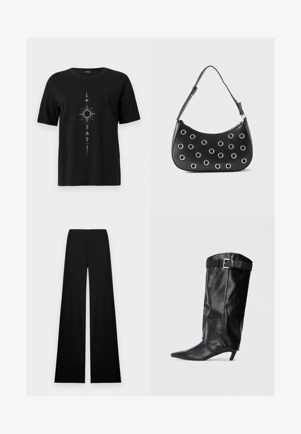 T-shirt noir à manches courtes avec un motif céleste blanc vertical représentant un soleil, des étoiles et des symboles géométriques le long du centre avant.; Pantalon noir à jambes larges avec une taille haute et un tissu lisse, présenté à plat sur un fond blanc.; Botte noire en cuir, montante jusqu'au genou, avec un bout pointu et un petit talon. Présente une ceinture en haut avec une boucle en métal argenté. Texture lisse.; Sac d'épaule en cuir noir avec bandoulière réglable, orné d'œillets en métal argenté et fermeture éclair supérieure.