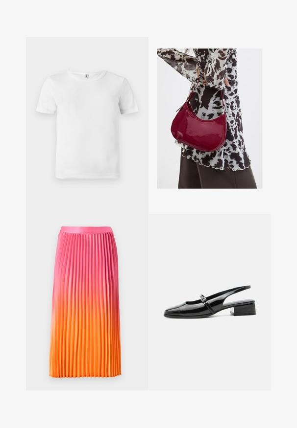Witte t-shirt met korte mouwen en een geribde textuur. Klassieke ronde hals, geen zichtbare logo's of patronen, en een eenvoudig, strak ontwerp.; Plissérok met een verloop van roze naar oranje, voorzien van een soepele tailleband en een vloeiend ontwerp, gemaakt van lichte stof.; Zwarte lakleren slingback schoen met een lage blokhak en een dunne band met zilveren gesp bovenop.; Vrouw met een zwart-wit gebloemde blouse houdt een glanzende rode schoudertas vast tegen een effen achtergrond.