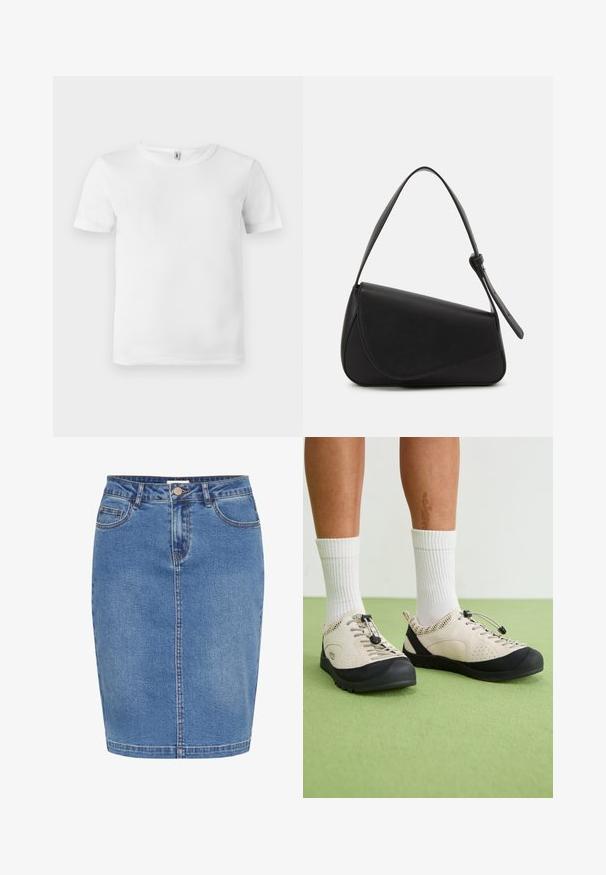 Witte t-shirt met korte mouwen en een geribde textuur. Klassieke ronde hals, geen zichtbare logo's of patronen, en een eenvoudig, strak ontwerp.; Denim rok in lichtblauw met een aansluitend ontwerp, sluiting met knopen aan de voorkant, vijf zakken en contrasterende stiksels langs de naden.; Beige schoenen met zwarte accenten, gaas zijkanten en een veilige vetersluiting. Dikke rubberen zolen met een gemusterde profiel. Draag met witte sokken.; Zwart leren handtas met een driehoekige vorm, schuine klep en een ronde handgreep. Heeft een gladde textuur en minimalistische ontwerpelementen.