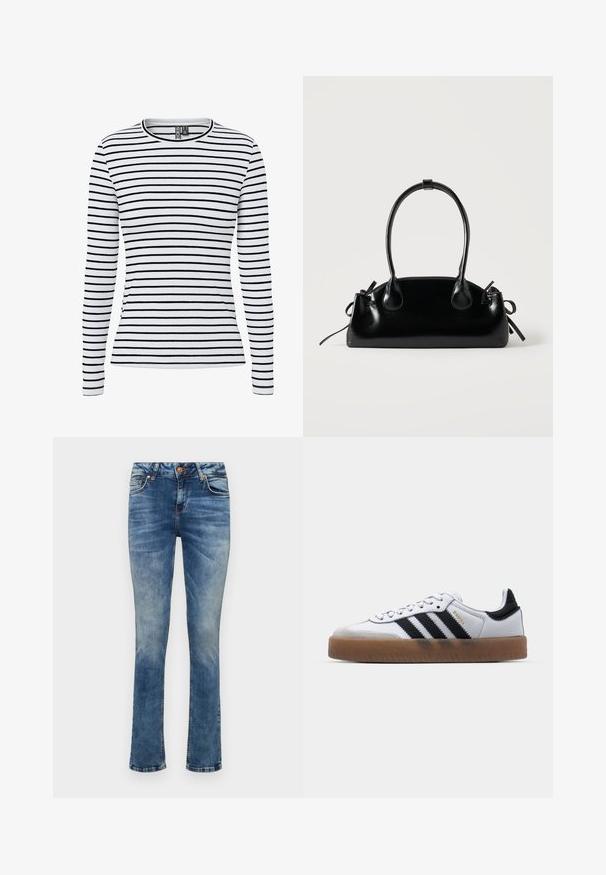 Hvid ribbet langærmet skjorte med smalle sorte vandrette striber og rund halsudskæring.; Lyseblå denimjeans med lige ben, der har en frontknaplukning, fem lommer og diskret fading.; Hvide lædersneakers med sorte striber, gummirubber sål, rund tå, snørelukning og blød grå ruskinds tåhætte.; Lille sort blank håndtaske med to lange håndtag og snøre-detaljer i siden på en ensfarvet lys baggrund.