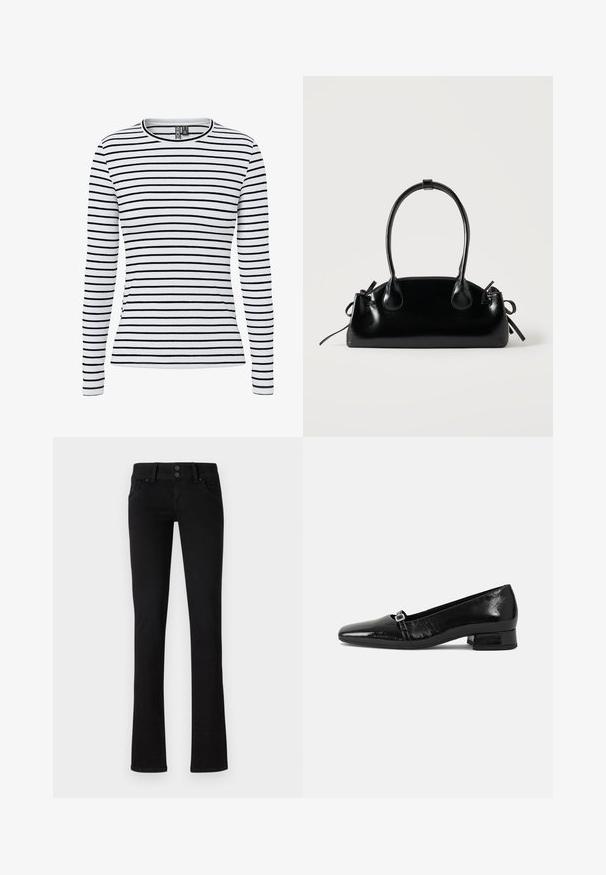 Hvid ribbet langærmet skjorte med smalle sorte vandrette striber og rund halsudskæring.; Sort slim-fit jeans med to frontlommer, bæltestropper og dobbelt knaplukning, præsenteret på en ensfarvet hvid baggrund.; Sorte patentlæder balletflade med spids tå, lav firkantet hæl og en lille metallisk spænde detalje på remmen. Glat tekstur.; Lille sort blank håndtaske med to lange håndtag og snøre-detaljer i siden på en ensfarvet lys baggrund.