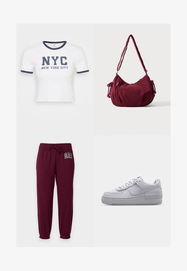 T-shirt blanc cropped avec un col et des manches côtelés bleu marine, arborant "NYC" et "NEW YORK CITY" imprimés en bleu foncé.; GAP Petite HERITAGE - Pantalon de survêtement - ruby wine; Basket en cuir lisse gris Nike Air Force 1 avec un bout perforé, une semelle épaisse et un détail 'AIR' en relief sur le talon.; Sac d'épaule en velours côtelé bordeaux doux avec une sangle réglable, fermeture éclair, liens latéraux et une poche avant zippée.