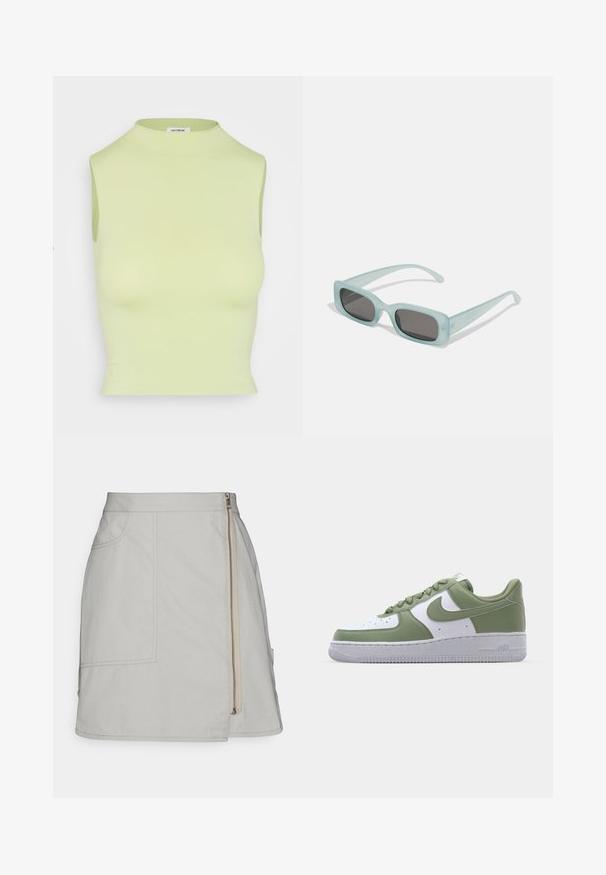 Cotton On SEAMLESS KIKI MOCK NECK TANK - Μπλούζα - soft khaki; Calvin Klein Jeans WRAP ZIPPED SKIRT - Μίνι φούστα - eggshell; Nike Air Force 1 αθλητικά παπούτσια σε πράσινο και λευκό δέρμα. Σχεδίαση χαμηλού τύπου, στρογγυλή μύτη, υφή από καουτσούκ στη σόλα και εμφανής λεπτομέρεια με το λογότυπο Swoosh.; Ενα ζευγάρι ορθογώνια γυαλιά ηλίου με ανοιχτό μπλε ημιδιαφανείς σκελετούς και σκούρους γκρι φακούς, διαθέτοντας ίσιες βραχίονες και ελάχιστες λεπτομέρειες υλικών.