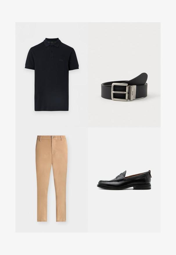 Polo noir à manches courtes avec deux boutons et "BOSS" brodé sur le côté gauche de la poitrine.; Chino slim couleur beige avec fermeture à bouton et zip, passants pour ceinture et pas de poches visibles, présenté sur fond blanc uni.; Mocassin homme en cuir noir avec couture moc toe, bride penny, col texturé et petit talon empilé sur fond blanc.; Ceinture en cuir noir avec une boucle rectangulaire en argent poli. Présente une texture lisse et un design en boucle, avec un léger rétrécissement à l'extrémité.