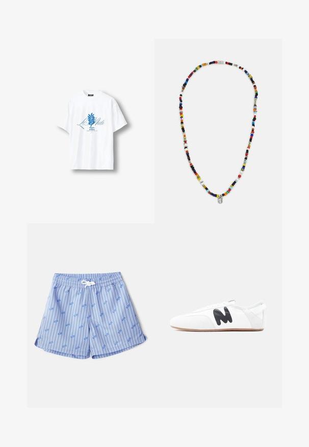 T-shirt blanc à manches courtes avec un motif botanique bleu et le texte « Le Midi Hôtel du Rivage Saint-Jean-de-Luz » centré sur le devant.; Maillots de bain bleu clair avec des rayures verticales blanches et de petits logos bleus. Comprend une taille élastique avec un cordon de serrage blanc et des fentes latérales.; Baskets blanches à profil bas avec un logo "M" noir sur le côté et une semelle brun clair, vues de l'extérieur sur un fond uni.; Collier de perles colorées présentant différentes formes et tailles, avec des accents métalliques et de petits charms décoratifs. Principalement multicolore.