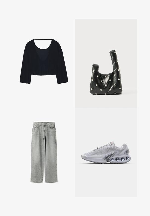 Sort cropped top lavet af blødt stof, med en løs pasform, brede ærmer og en dyb bådudskæring. Glat tekstur med minimal design.; Grå vidde bukser med høj talje, forlommer og møntlomme samt lille spredt hvidt polkaprikket mønster over hele stoffet.; Grå mesh løbesko med en struktureret design, som har en fremtrædende grå ydersål med runde reflekterende detaljer og et rødt logo på tungen.; Sort lædertaske med en blød tekstur, der har runde top-håndtag og metallisk perleaccent på overfladen. Kompakt, struktureret form.