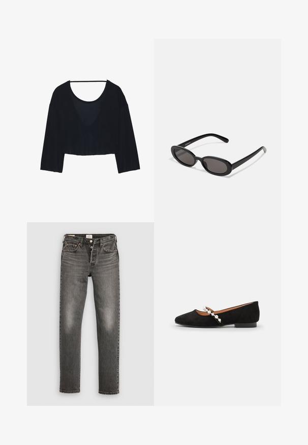 Sort cropped top lavet af blødt stof, med en løs pasform, brede ærmer og en dyb bådudskæring. Glat tekstur med minimal design.; Grå denimjeans med lige ben, distressed struktur, subtil falming, kobbernitter og en klassisk knaplukning.; Sorte ruskind balletflade med spids tå, der har en dekorativ rem prydet med hvide perler og en lav hæl.; Even&Odd by Zalando Solbriller - black