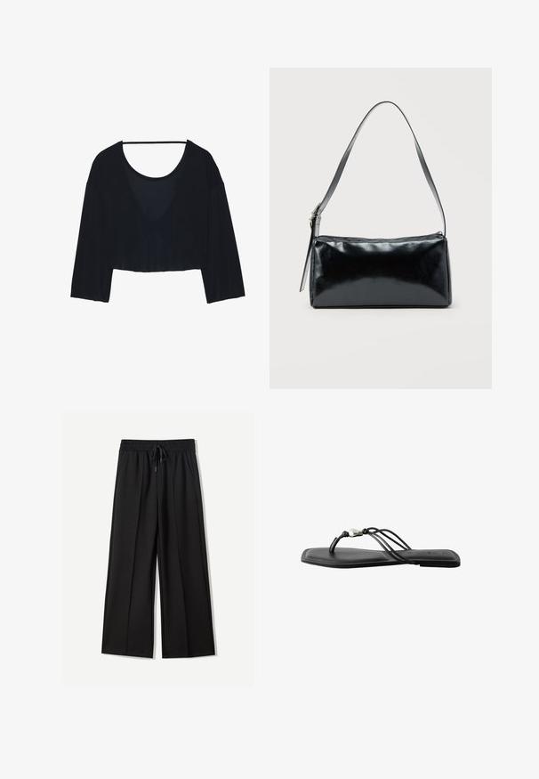 Sort cropped top lavet af blødt stof, med en løs pasform, brede ærmer og en dyb bådudskæring. Glat tekstur med minimal design.; Sorte bukser med bred benvidde lavet af blødt stof. Har en elastisk talje med snøre og to sidelommer. Flad front med plisseringer.; Sort læder flad sandal med firkantet tå, tynde stropper og en sølvperle detaljer på remmen i tunga-stil.; Sort rektangulær skuldertaske med en enkelt justerbar rem og lynlås i toppen på en ensfarvet baggrund.