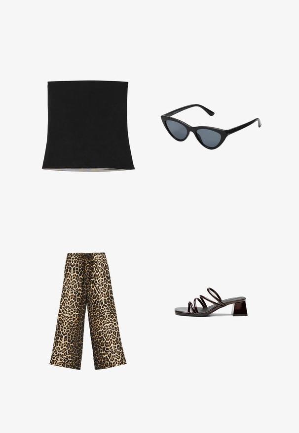 Sort stof lampskærm med klokkeform, glat tekstur og en let blank inderside. Kanter er pænt færdiggjort uden synlige sømme.; Bredde bukser med leopardprint i let stof med sort baggrund, der har en snor i taljen og en glat tekstur.; Åben tå hæl sandal i mørk bourgogne lakeret læder, med tre tynde stropper og en firkantet blokhæl. Glat overflade, minimalistisk design.; Sorte katteøje solbriller med mørkegrå linser, slankt plastisk stel, spidse hjørner og lige stænger. Ingen synlig hardware eller dekorationer.