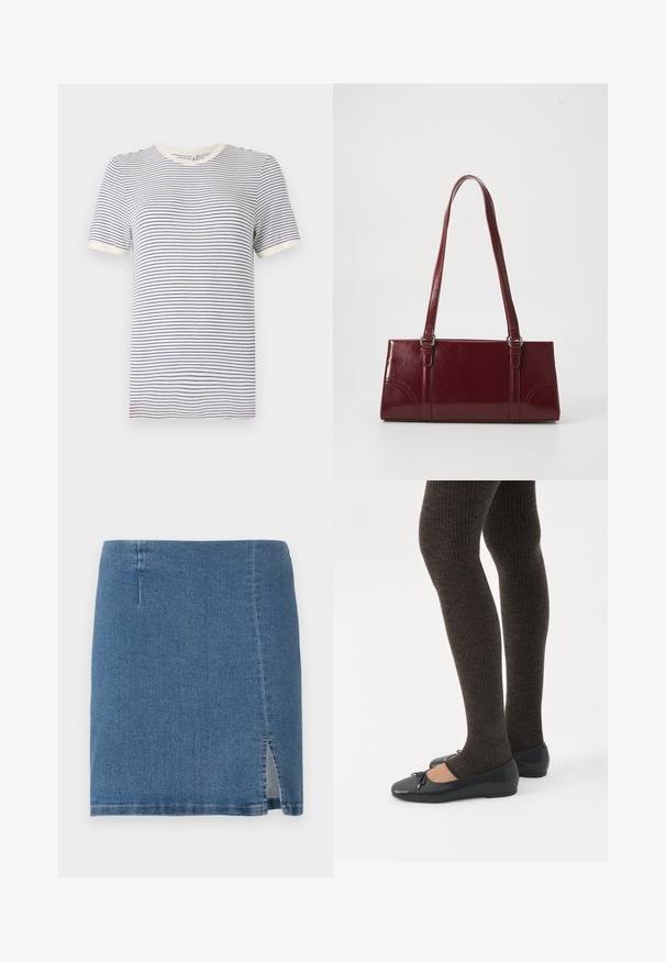 Camiseta a rayas en blanco y marino, de manga corta, con cuello redondo, con cuello y dobladillos de las mangas en contraste. Material suave de algodón.; Mini falda de mezclilla en azul medio, con un corte recto, ligero abertura lateral y costuras limpias a lo largo del dobladillo y las costuras.; Piernas con leggings oscuros acanalados combinados con bailarinas negras que presentan pequeños detalles de lazo sobre un fondo blanco.; Bolso burdeos hecho de material brillante, de forma rectangular, con dos asas para el hombro y sutiles acentos curvados en la parte frontal.