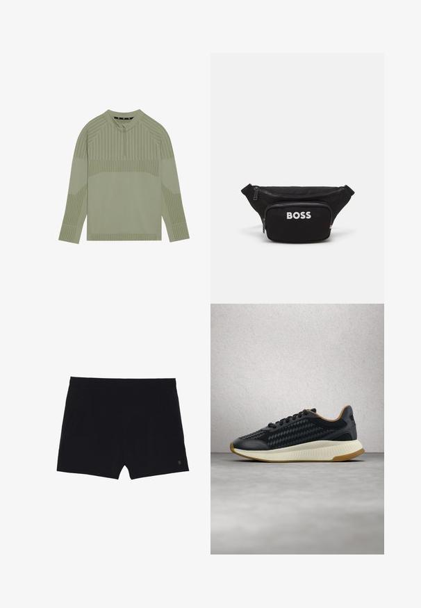 Lysegrøn langærmet top med kvart-lynlås krave, som har ribbet struktur og stribede mønstre på ærmerne og kroppen.; Sorte sportsshorts med en glat tekstur, elastisk talje og to sidelommer. Har et lille logo nederst til højre.; Sort sneaker med vævet mønster, hvid tekstureret sål og brun inderside, svævende over gråt gulv nær væg med glasblokke.; Sort stofet bæltetaske med en lynlåslomme foran, stort hovedrum og hvid "BOSS" logo på forsiden. Glat tekstur, struktureret form.