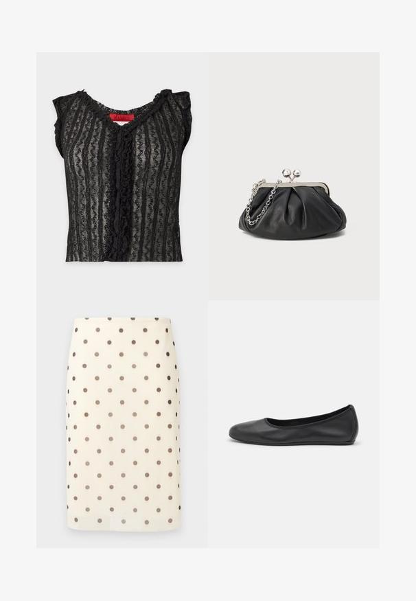 Blusa negra de encaje transparente con mangas cortas, rayas onduladas verticales y volantes en el borde del escote y el centro delantero.; Falda lápiz de color crema con lunares negros espaciados uniformemente y corte recto hasta la rodilla.; Bailarina de piel negra con punta redondeada, textura suave, detalle de costura minimalista y diseño de suela flexible.; Clutch de cuero negro con textura arrugada, marco de metal en tono plateado, cierre de beso y cadena para colgar. Superficie suave y lisa.