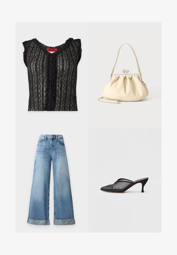 Sort transparent blondebluse med korte ærmer, lodrette bølgede striber og flæsekanter langs halsudskæringen og det forreste midtstykke.; Lysblå vidbenede jeans i denim med høj talje, der har knaplukning, fem lommer og opfoldede manchetter forneden.; Sort mesh mule med spids tå, tynde stropper og 3-tommer stiletto hæl. Har en gennemsigtig struktur og en ensfarvet sål.; Cremefarvet blødt læder håndtaske med indsamlet design, sølvramme-lukkemekanisme, kort hank og aftagelig kæderem.
