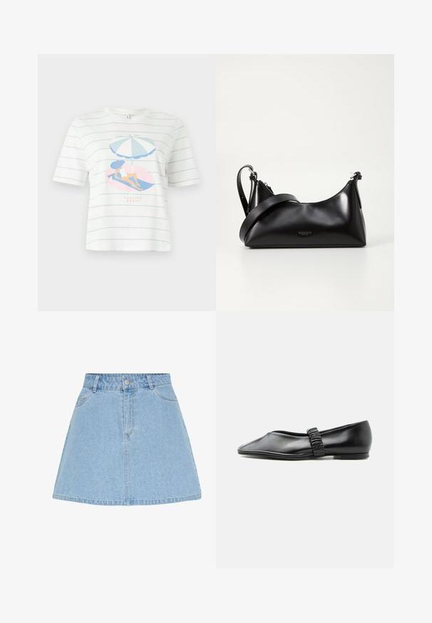 Wit shirt met korte mouwen met lichtblauwe strepen en een afbeelding van een vrouw die onder een gestreepte parasol ligt met de tekst "FEELING SHADY".; Lichtblauwe denim A-lijn rok met vooraan knopen en rits, ceintuurlussen en twee voorzakken.; Zwarte leren platte schoen met een geplooide band over de bovenkant en een licht puntige neus, afgebeeld tegen een effen achtergrond.; Zwarte leren handtas met een gladde textuur. Beschikt over een verstelbare schouderband en een strak, minimalistisch ontwerp met een ritssluiting.