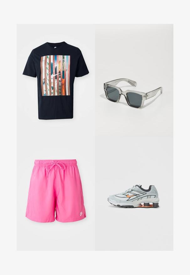 Camiseta navy con un diseño gráfico que presenta rayas verticales en varios tonos, incorporando imágenes urbanas y un logo de Nike.; Pantalones cortos deportivos rosa con cinturilla elástica y cordón. Fabricados en un material ligero, cuentan con aberturas laterales y un pequeño detalle de logo.; Zapatilla de correr gris claro con detalles en negro, logo naranja, parte superior de malla, collar acolchado y suela de goma con unidades visibles de absorción de impactos.; Gafas de sol sobredimensionadas y claras con lentes oscuros, que presentan un marco rectangular grueso y acentos texturizados en las patillas. Fabricadas de plástico transparente.