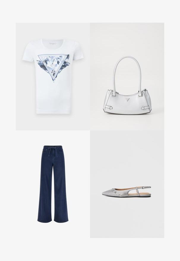 T-shirt blanc à manches courtes avec un logo triangulaire brillant Guess USA en bleu et argent, accompagné d'un motif de plume sur le devant.; Pantalon en denim à jambes larges, coloris indigo foncé. Doté d'une taille à cordon de serrage, de cinq poches, et d'une texture lisse. Design classique aux lignes épurées.; Ballerine argentée à bout pointu avec bride arrière, finition texturée et ornements décoratifs argentés sur la bride avant.; Sac à main argenté avec un design structuré, doté de deux poignées, d'une texture brillante, de quincaillerie accentuée et d'un logo triangulaire sur le devant.